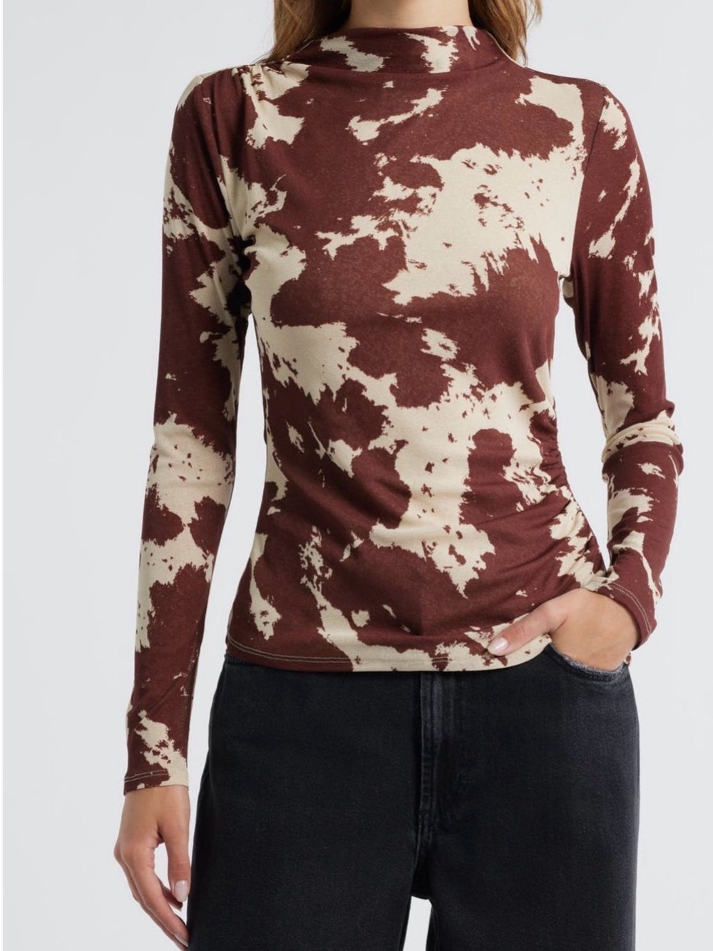 Rails Joelle Cow Print Ruched Funnel Neck top
